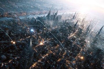 Poster - Glowing AI nodes illuminate the infrastructure of a futuristic city, depicting advanced technology.