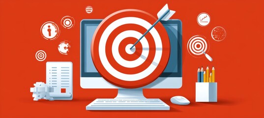 Poster - Business target dart and computer. Focus aim for success achievement. Generative AI technology.	
