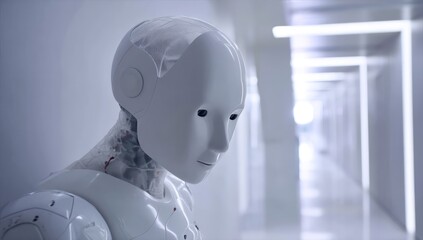 Poster - Calm and collected humanoid robot positioned in a modern corridor, offering a futuristic feel.
