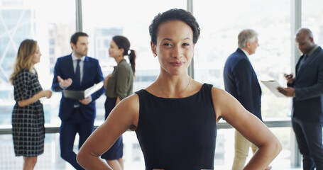 Aufkleber - Office, businesswoman and portrait with attorney for about us, professional career and confidence. Workplace, female person and lawyer with smile for meeting, ambition and case justice at law firm