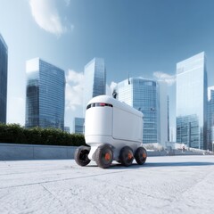 Aufkleber - Autonomous delivery robot making its way through a high-tech cityscape, navigating the streets.