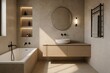 © Mariana - Minimalist beige bathroom with round mirror, built-in shelves, and black fixtures lit by natural light. Generated AI.