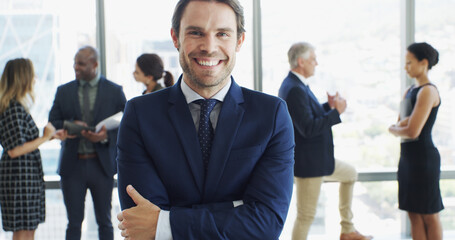 Aufkleber - Office, crossed arms and portrait of business man in lobby with confidence, pride and ambition. Professional, corporate and person with staff for about us in finance career, job and opportunity