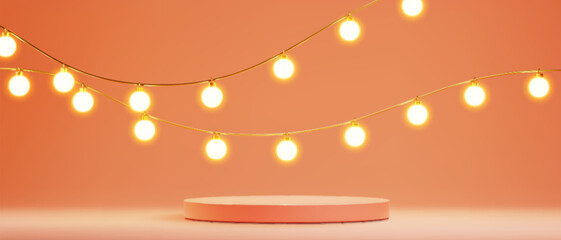 Poster - Orange round podium with garland illumination on background. Vector realistic illustration of empty stage for product presentation, party announcement or award ceremony, shiny light bulb decoration
