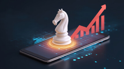 Poster - White chess knight piece is displayed glowing smartphone screen, symbolizing strategic thinking and innovation. red upward arrow and bar graph background represent financial growth and success