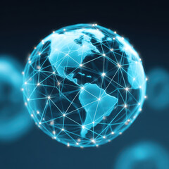 Poster - Glowing digital globe with interconnected data nodes represents global network. blue and white tones emphasize technology and connectivity, symbolizing worldwide communication and data exchange