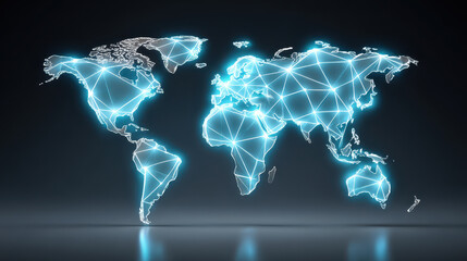 Poster - Glowing digital world map with interconnected lines symbolizes global connectivity and futuristic technology. dark background enhances bright neon blue network, creating modern and innovative