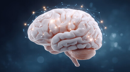 Poster - Human brain with glowing digital nodes and neural connections visualized in futuristic style, symbolizing artificial intelligence, neuroscience, and technological innovation