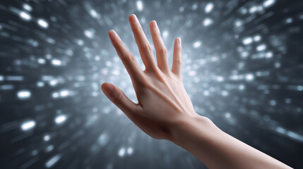 Aufkleber - Hand reaching into glowing virtual data stream, symbolizing technology, innovation, and connection in futuristic digital environment