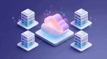 Poster - Futuristic illustration of cloud computing technology, showcasing glowing cloud icon center connected to multiple server stacks. vibrant purple and blue tones emphasize innovation and digital