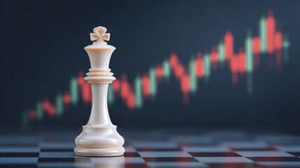 Poster - White chess king stands prominently chessboard, symbolizing strategy and decision making, with fluctuating stock market candlestick chart blurred background, evoking sense of financial planning