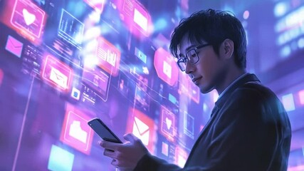 Poster - Engaged asian professional navigates digital future on smartphone with abstract interface