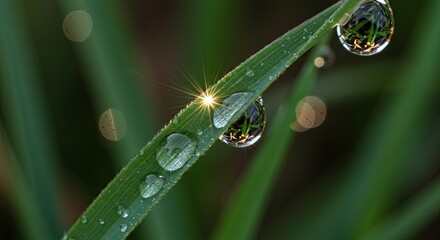 Poster - A leaf with water droplets on it and a sun shining on it