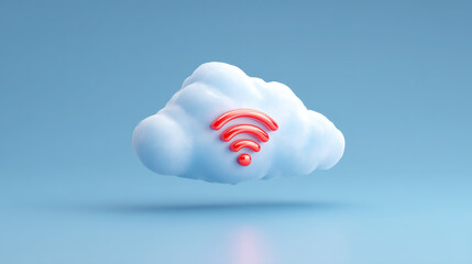 Poster - 3D illustration of white cloud with red Wi Fi symbol embedded in it, floating against light blue background, symbolizing cloud computing and wireless connectivity