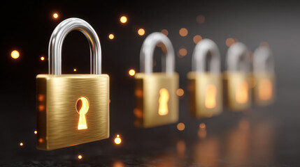 Poster - Golden padlocks glowing with light, symbolizing secure data transfer and protection, aligned in row with blurred background and sparkling bokeh effect
