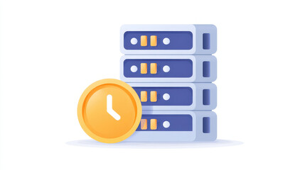 Poster - Stack of blue server units with orange and white details is depicted alongside yellow clock icon, symbolizing server downtime or data transfer delay. illustration is minimalistic and modern