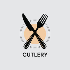 Aufkleber - Modern cutlery logo design featuring knife and fork crossed over a plate with simple restaurant branding typography on white background