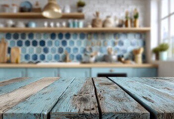 Aufkleber - Empty wooden tabletop perspective for product placement or montage with focus to table top in the foreground, blurred modern kitchen in background