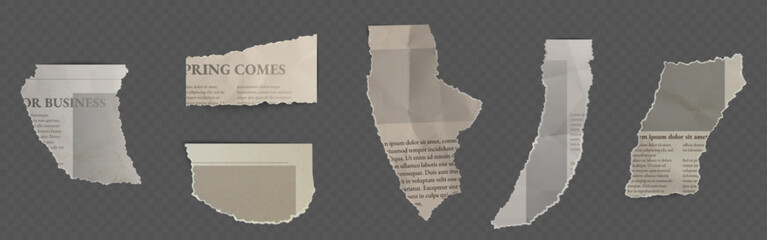 Poster - Torn newspaper fragments, ripped paper scraps with text. Crumpled news clipping pieces, shredded old page remnants. Damaged sheets from book or journal. Grunge collage or scrapbooking design element.