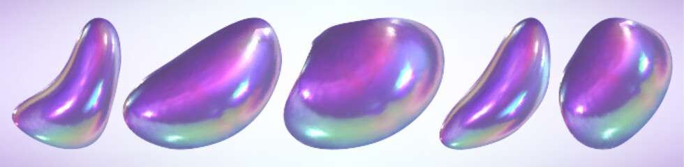 Poster - Holographic iridescent liquid abstract shapes isolated on light background. Colorful fluid gradient blobs with glossy metallic shine. Futuristic design elements. Vibrant 3d shimmering paint drops.