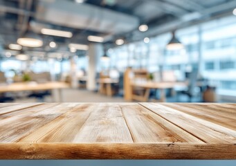 Aufkleber - Empty wooden table for displaying products with blurred office space background, providing a professional and modern setting for showcasing items