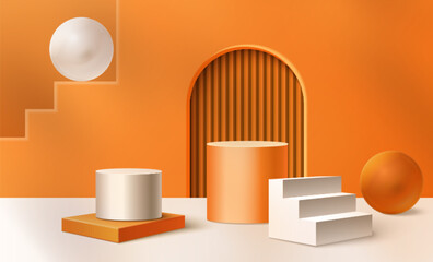 Poster - Abstract geometric shapes in orange and white - minimal composition with round podium, square blocks, arched panel and stairs. 3d simple architectural forms. modern interior design or product display.