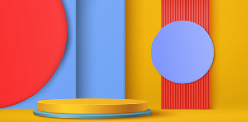 Poster - Colorful red, blue and yellow geometric stage design. Abstract display podium. Round platform with vertical stripes backdrop, decorative circles. 3d bold minimal showcase or presentation background.