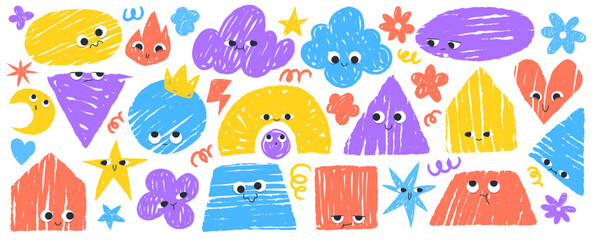 Poster - Childish crayon drawing sticker set - funny colorful doodle shapes with cute simple faces. Hand drawn stars and clouds, triangles and squares, circles and irregular forms characters with emotions.