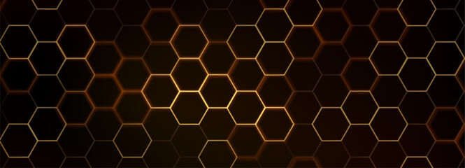 Poster - Hexagon game background with glowing golden honeycomb grid on black surface. Abstract geometric pattern of connected cells for futuristic interface design. Digital technology bg with luminous edges.
