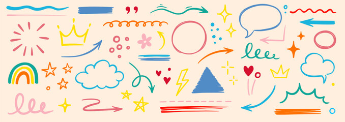 Aufkleber - Line hand drawn brush marker underline, highlight, star element color kid set. Hand drawn sketch marker underline shape, arrow, star scribble brush pen stroke highlight element. Vector illustration