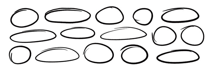 Aufkleber - Line brush pen highlight round oval frame set. Hand drawn marker, pen scribble stroke line oval frame. Brush round frame for text highlight ellipse. Grunge scratch style set. Vector illustration