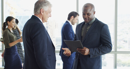 Aufkleber - Lobby, office and business men in meeting with report for feedback, finance review and planning. Discussion, corporate and workers with documents for strategy, financial advice and budget proposal