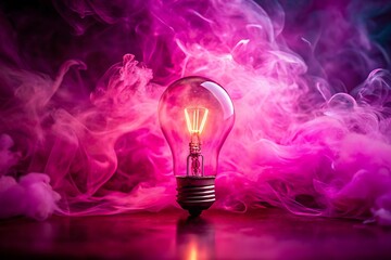 Poster - A light bulb glows with a pink and purple smoky background creating a vibrant and artistic effect