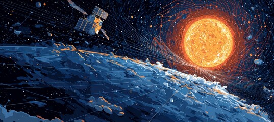 Aufkleber - Satellite on planet orbit and sun. interstellar astronomy science .Generative AI technology.	
