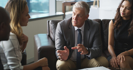 Poster - Office, teamwork and meeting with business people for proposal, collaboration or agenda. Discussion, feedback and B2B planning with review for project management, networking or workshop communication