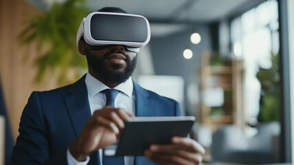 Poster - Professional African American businessman using VR headset and tablet in modern office