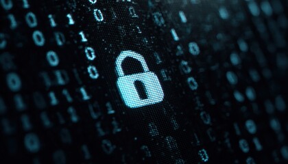 Aufkleber - Digital illustration of cybersecurity concept, featuring a lock symbol and binary code on a digital screen background