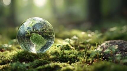 Poster - Glass globe lying on a bed of moss in a forest, representing environmental protection and sustainability