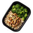© Vasyl Onyskiv - Healthy grilled chicken, brown rice, and broccoli in a black plastic meal container isolated on white transparent background, concept of fitness meal prep