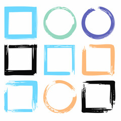 Poster - A collection of nine hand-painted brushstroke frames in various shapes and colors, including squares and circles, on a white background