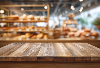 Aufkleber - Empty wooden tabletop set against a blurred bakery background, offering ample space for creative product placement and display