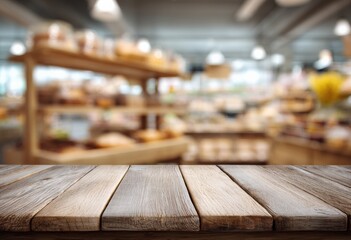 Aufkleber - Featuring an empty wooden tabletop set against a blurred bakery shop background, ideal for showcasing product displays and marketing materials