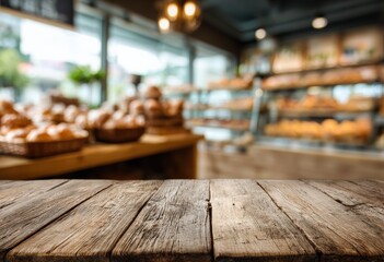 Aufkleber - Empty wooden table top with blurred bakery shop background provides ideal space for product placement