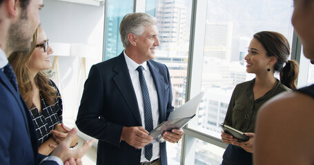 Aufkleber - Documents, man and business team in meeting, smile and feedback for budget proposal. Employees, partnership and manager in workplace, conversation and report for tax audit, management and support