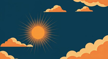 Poster - A blue sky with a sun in the middle and orange clouds
