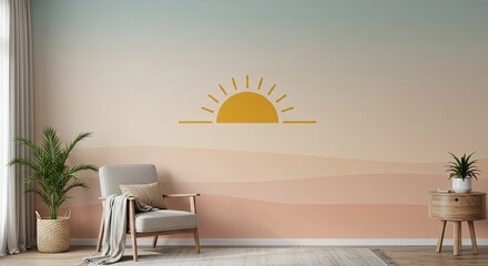 Poster - A sun is drawn on a wall with a sunflower on it