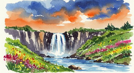 Poster - A watercolor painting of a waterfall with a lush green field in the background