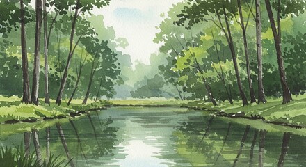 Poster - A painting of a forest with a river running through it