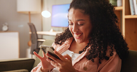 Poster - Home, smile and woman on sofa, cellphone and relax with message to contact, app and social media. Online game, email and happy person on couch, smartphone and communication with chatting and texting