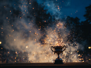 Poster - A trophy with fireworks exploding around it on a wooden surface against a dark blue sky background